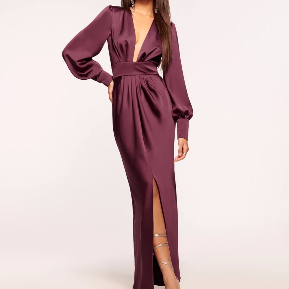 Designer by Ramy Brook Deep plunge Dress evening gown Sz 12 Burgundy